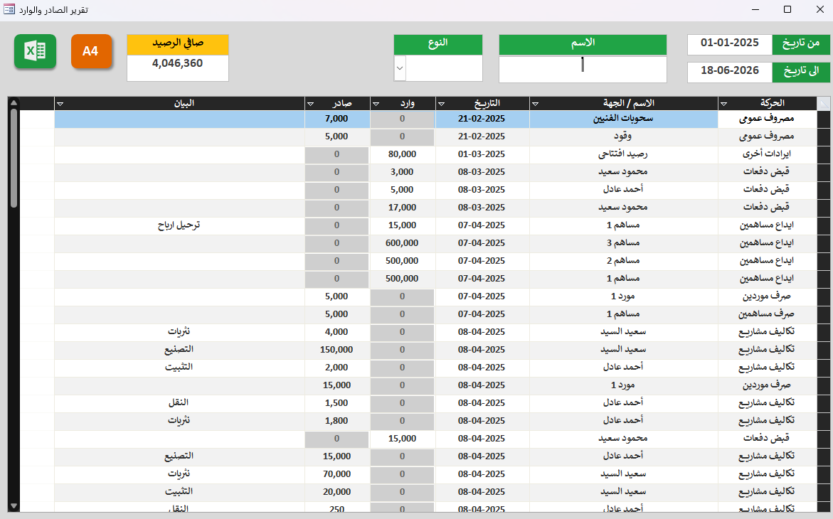 تقرير الصادر والوارد وحركة النقدية العامة